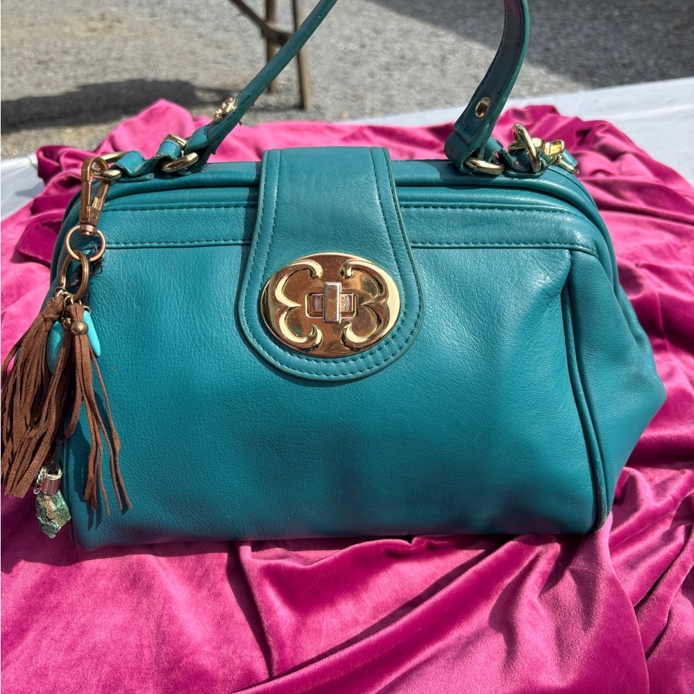 Teal Vinyl Handbag with Gold Accents